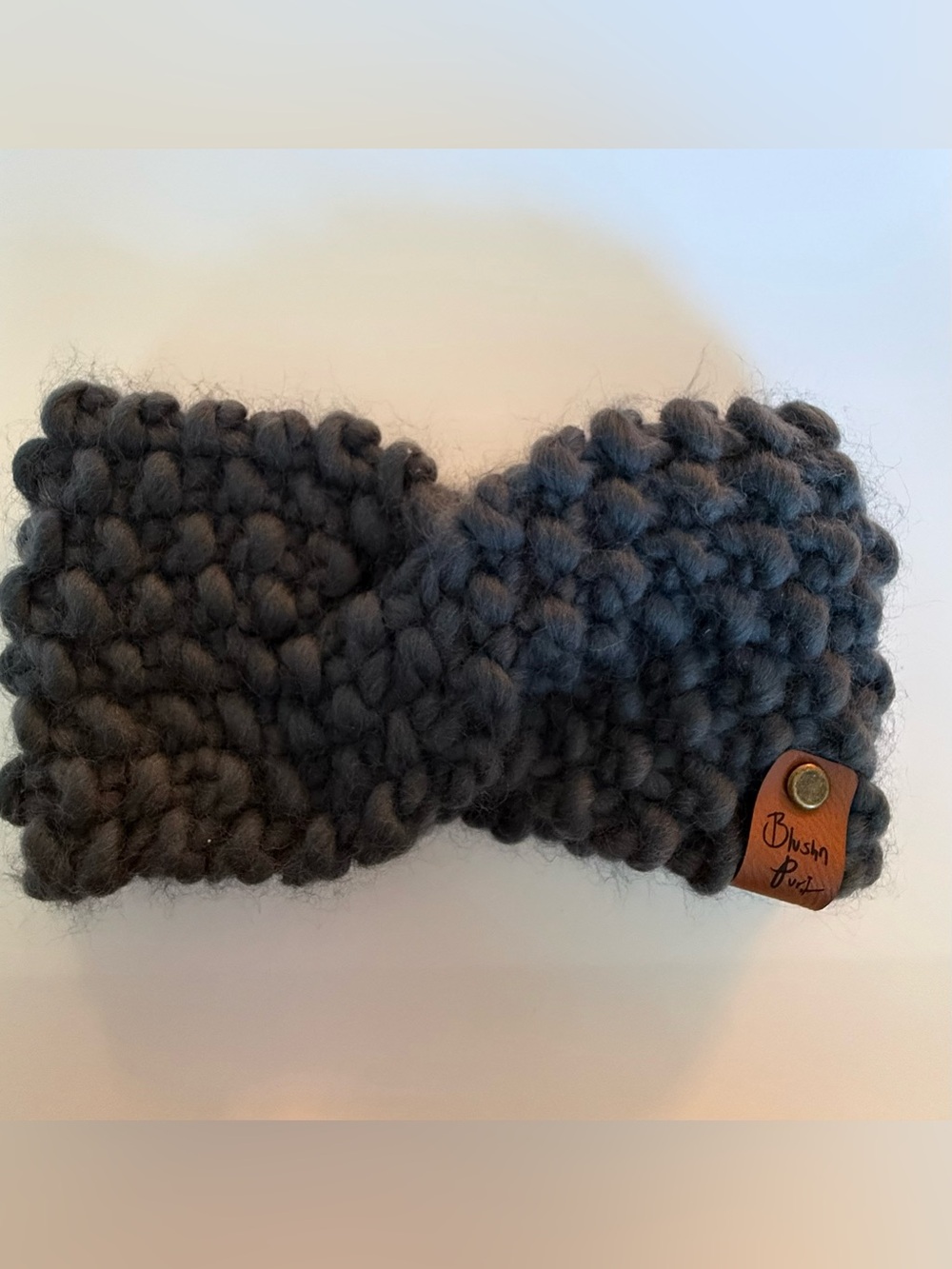 Chunky Knit Ear Warmer Headband with Leather Tag - Charcoal